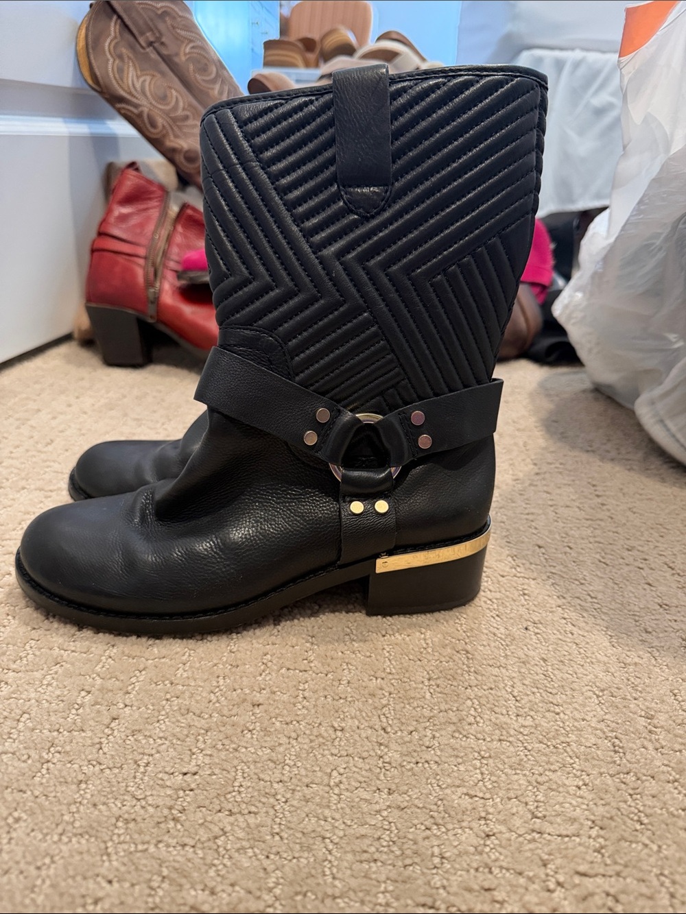 Black Quilted Leather Harness Ankle Boots